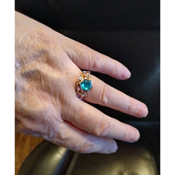 Blue Polygon Stone Ring Gold Band Flowers Lilac Size 8 - Picture 7 of 9